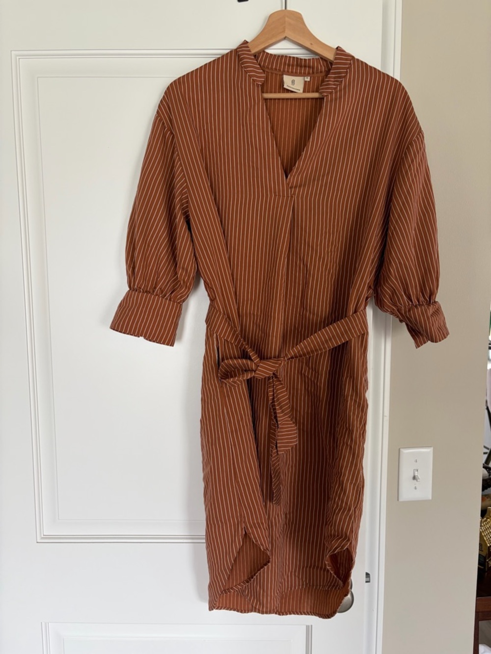 Tie-Waist Midi Dress in Rust Stripe